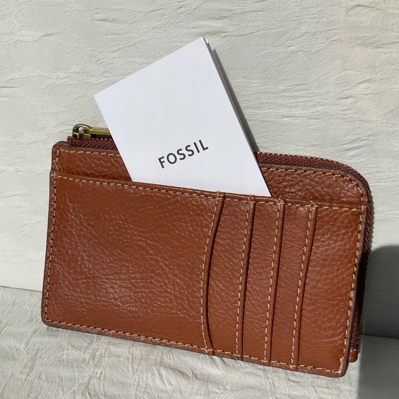 Fossil Jori Zip Card Case Leather Medium Brown Pebbled Leather NWT - Picture 4 of 10